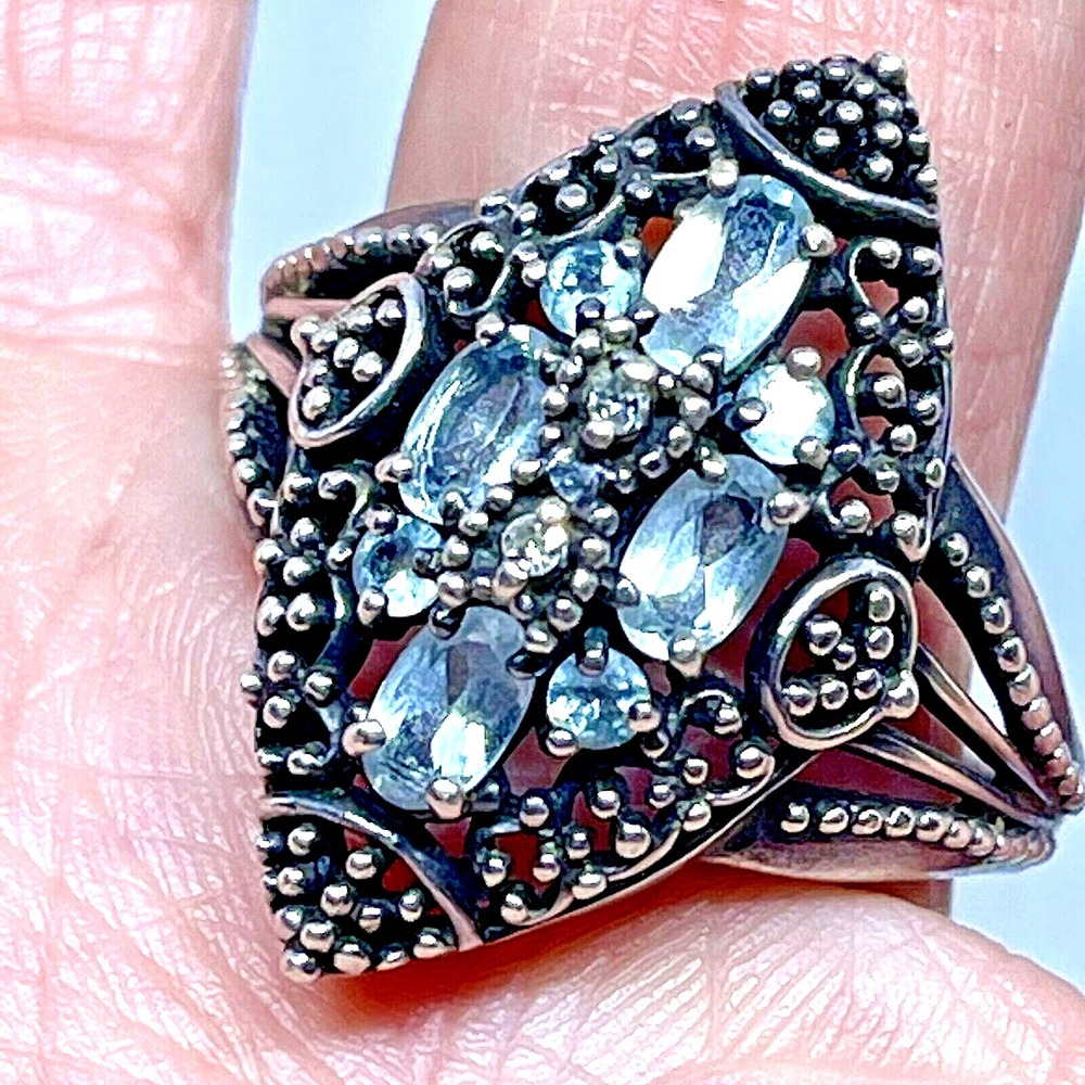 VTG‎ Marquis Blue Topaz Ring Sz 10 Art Deco Antique Sterling Silver Cocktail 925